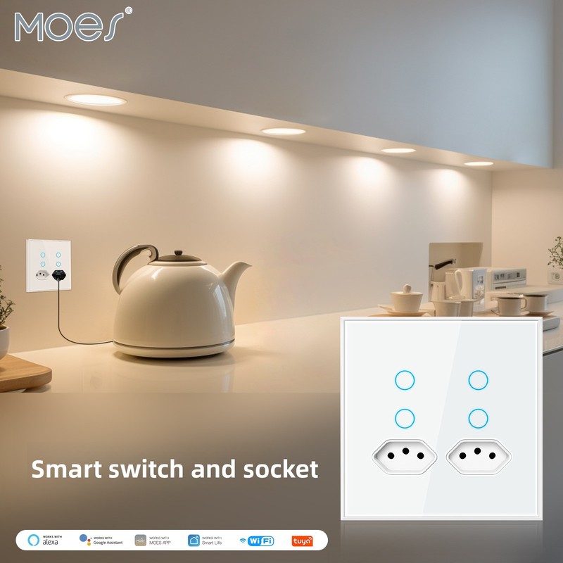 Timer Dual Outlet - MOES Tuya Wi-Fi対応スマートプラグ、4つのコンセントと2つのUSBポート、ブラジル規格ソケット、アプリによる遠隔操作、タイマー機能、個別スイッチ
